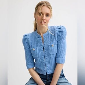 L’agence Delilah Blue Crop Textured Short Sleeve Cardigan Sweater Size Small